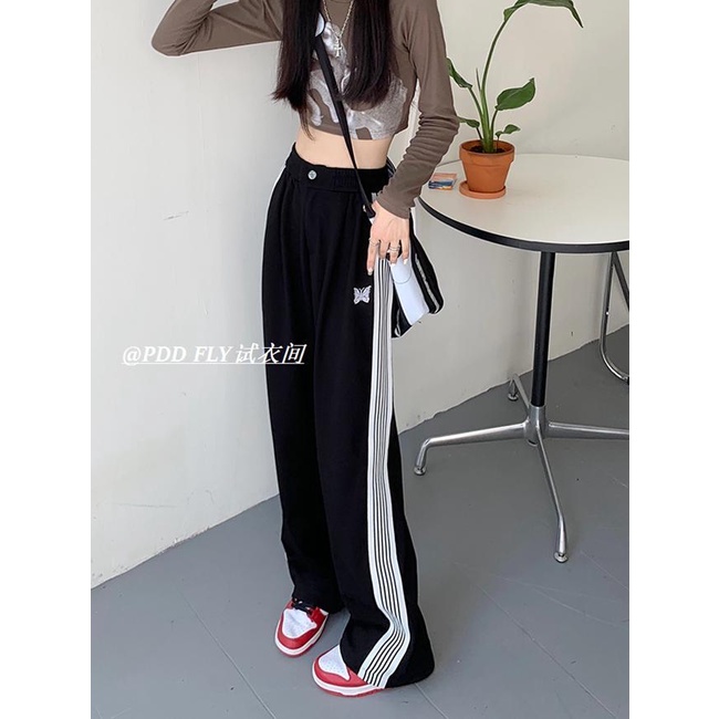 Quần Dài Ống Rộng Lưng Cao Họa Tiết Kẻ Sọc Phối Dây Rút Phong Cách Retro Mỹ Thời Trang Thu Đông Hàng Mới Dành Cho Bạn Nữ