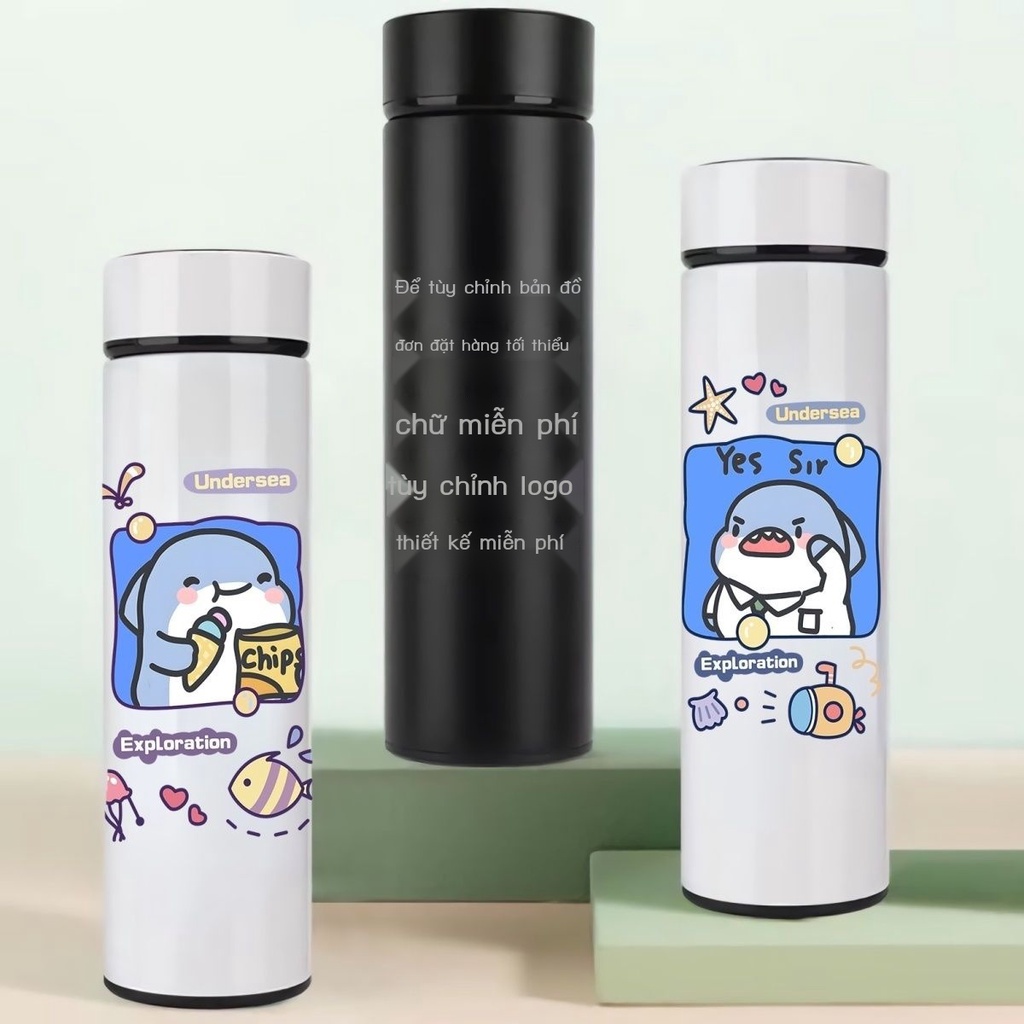 Bình Nước Giữ Nhiệt Thông Minh Bằng Thép Không Gỉ FF14 Họa Tiết Cá Mập Hoạt Hình