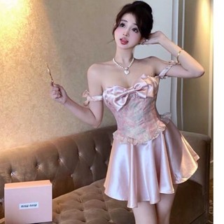 Đầm Váy lụa chiết eo đính nơ bánh bèo quyến rũ xinh xắn Ulzzang thời trang dự tiệc cho nữ mới nhất