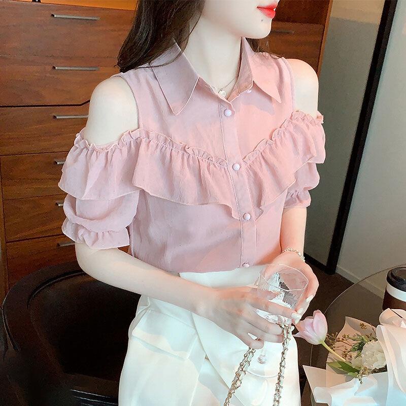 Áo Sơ Mi chiffon Trễ Vai Phong Cách Hàn Quốc Thời Trang Mùa Hè Cho Nữ