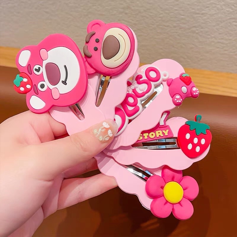 Set 5 kẹp gấu dâu Lotso hình đám mây màu hồng nhạt pastel dễ thương - Vĩ 5 cặp tóc gấu dâu lượn sóng Deperier