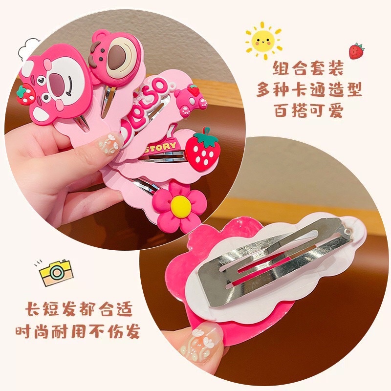 Set 5 kẹp gấu dâu Lotso hình đám mây màu hồng nhạt pastel dễ thương - Vĩ 5 cặp tóc gấu dâu lượn sóng Deperier