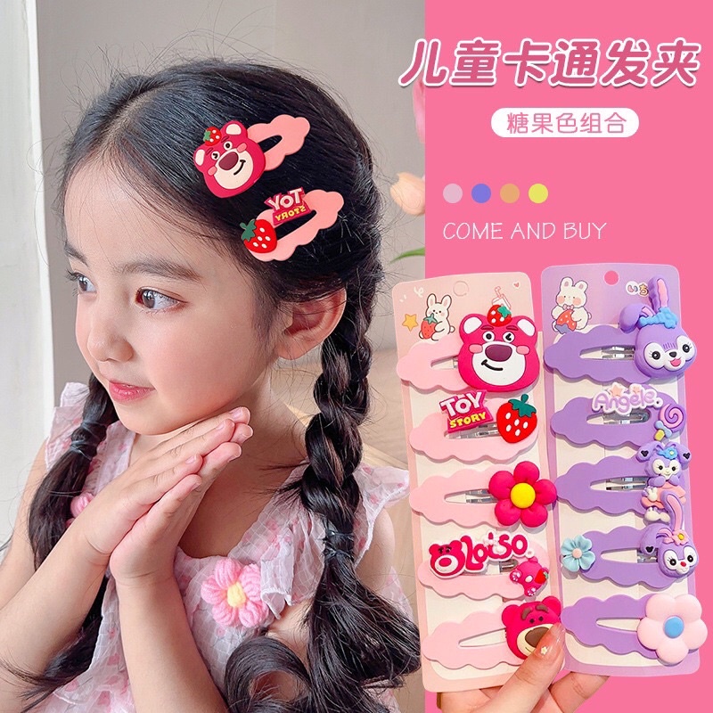 Set 5 kẹp gấu dâu Lotso hình đám mây màu hồng nhạt pastel dễ thương - Vĩ 5 cặp tóc gấu dâu lượn sóng Deperier