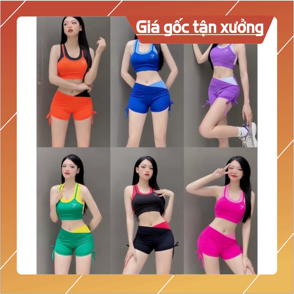 Đồ tập gym nữ bộ tập gym yoga erobic nữ áo bra quần sooc rút dây cạp chéo phối màu( bộ đùi phối màu)