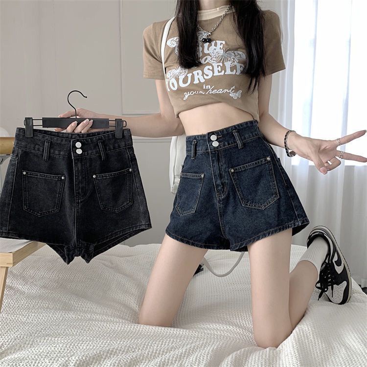 Quần Short Denim Cạp Cao Ống Rộng Cài Hai Hàng Nút Phong Cách Mới Mùa Hè 2023 Dễ Phối Đồ