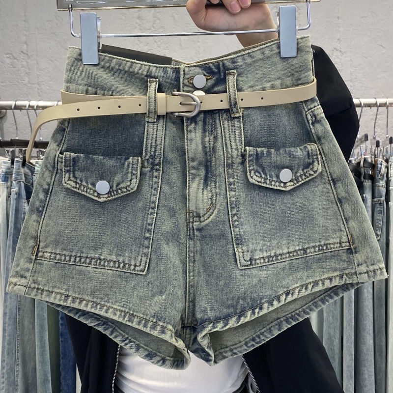 Jiashucheng Quần Short Denim Lưng Cao Dáng Ôm Cột Dây Đơn Giản Phong Cách Hàn Quốc Cổ Điển Thời Trang Mùa Hè Dành Cho Bạn Nữ