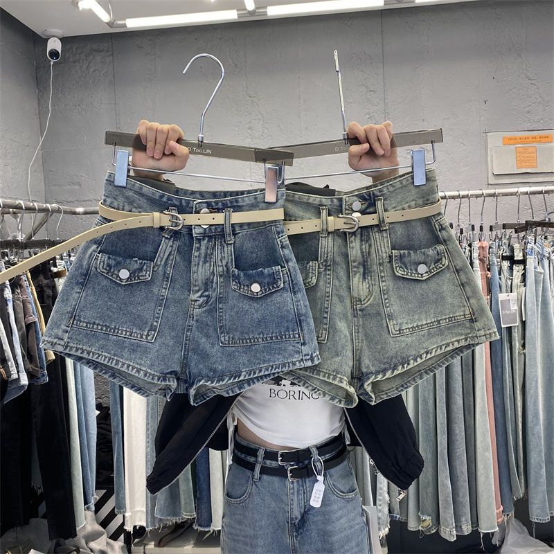 Jiashucheng Quần Short Denim Lưng Cao Dáng Ôm Cột Dây Đơn Giản Phong Cách Hàn Quốc Cổ Điển Thời Trang Mùa Hè Dành Cho Bạn Nữ