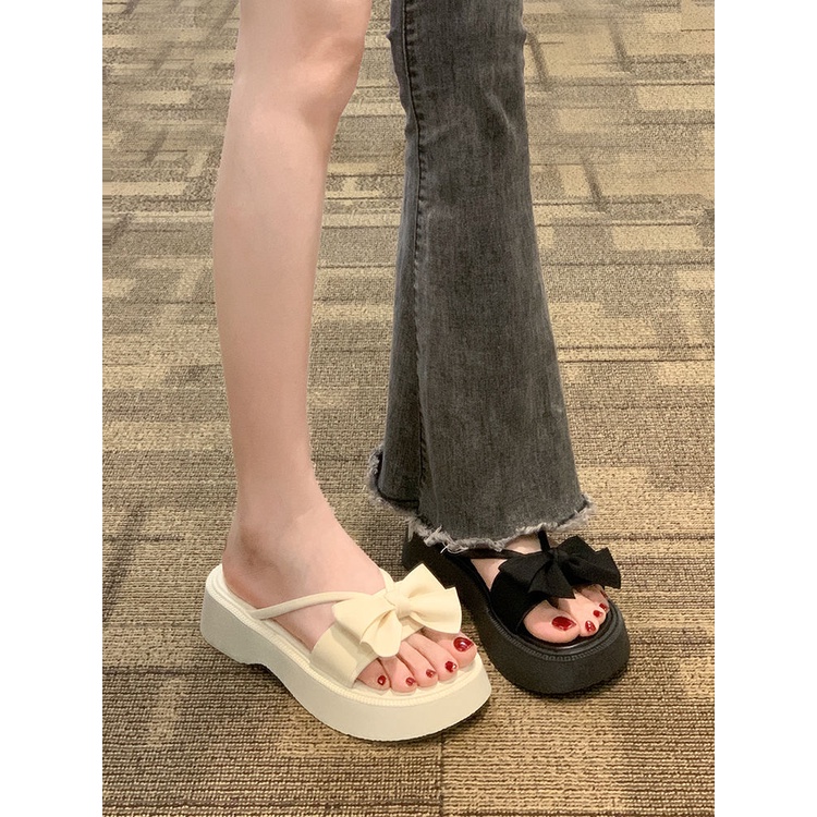 Dép Đế Dày Chống Trượt Đính Nơ Phong Cách Phương Tây Thời Trang Cho Nữ