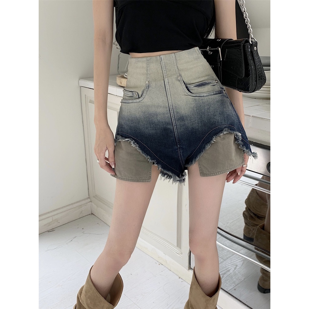 Jiashucheng Quần Short Denim Màu Gradient Phối Khóa Kéo Nhỏ Co Giãn Ống Rộng Thời Trang Mùa Hè Cho Nữ