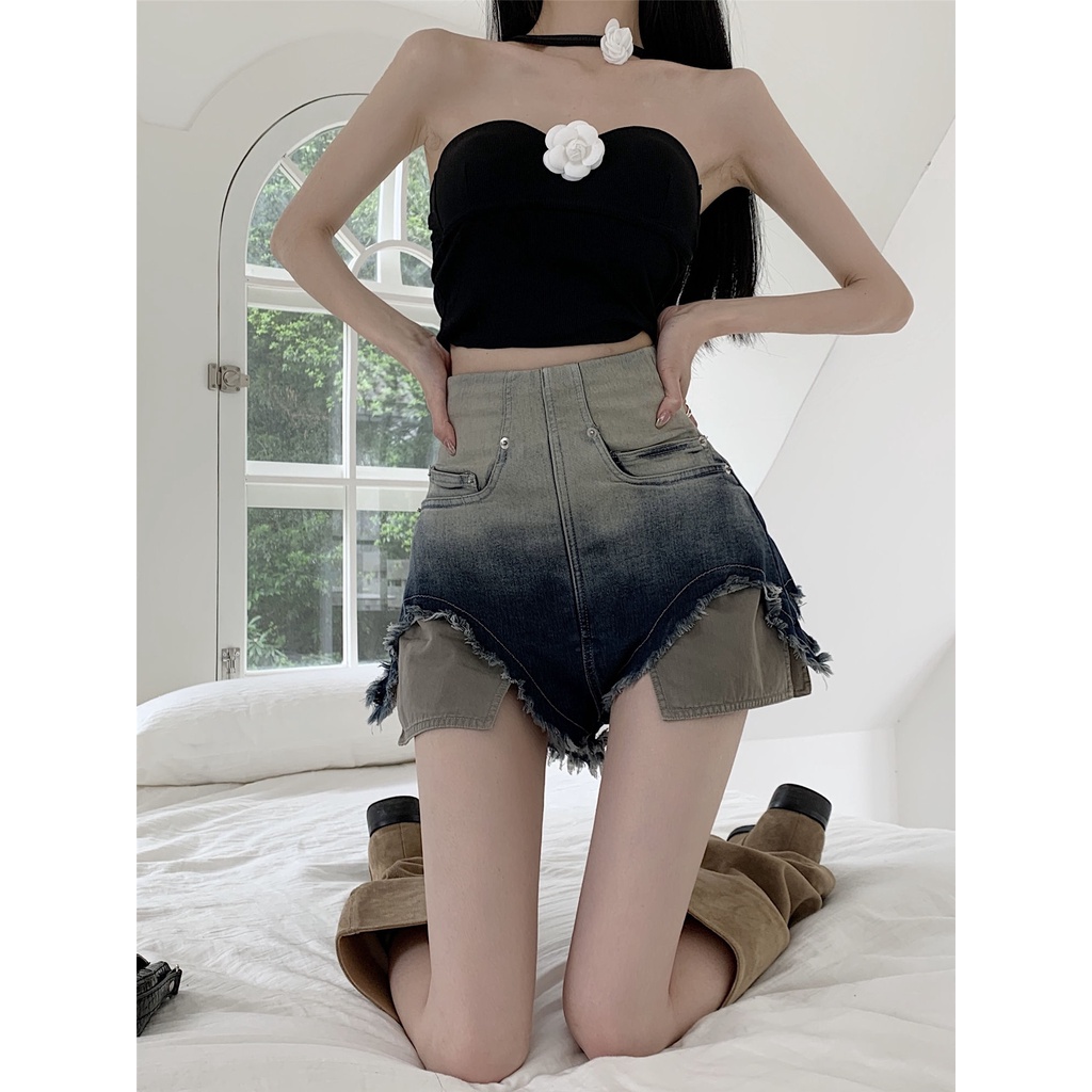 Jiashucheng Quần Short Denim Màu Gradient Phối Khóa Kéo Nhỏ Co Giãn Ống Rộng Thời Trang Mùa Hè Cho Nữ