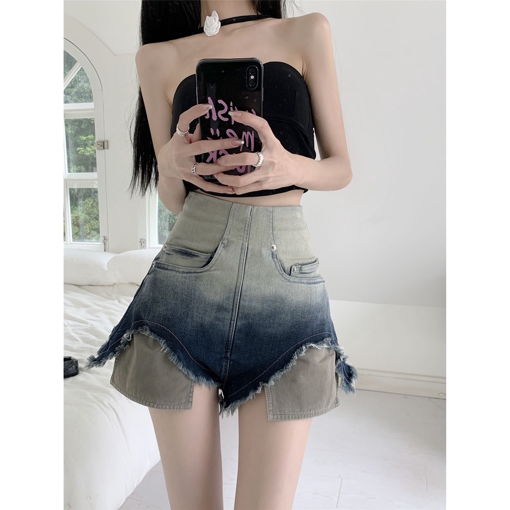 Jiashucheng Quần Short Denim Màu Gradient Phối Khóa Kéo Nhỏ Co Giãn Ống Rộng Thời Trang Mùa Hè Cho Nữ