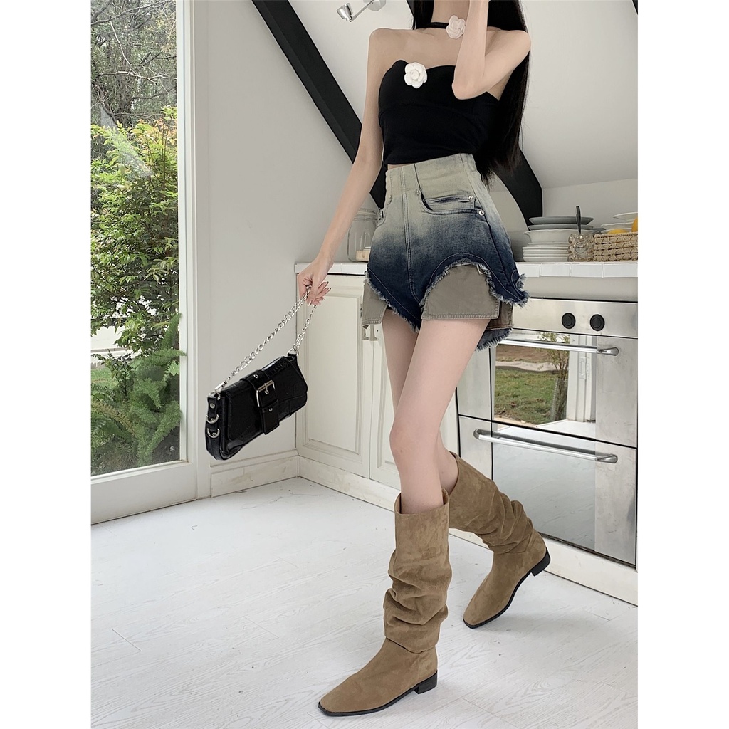 Jiashucheng Quần Short Denim Màu Gradient Phối Khóa Kéo Nhỏ Co Giãn Ống Rộng Thời Trang Mùa Hè Cho Nữ