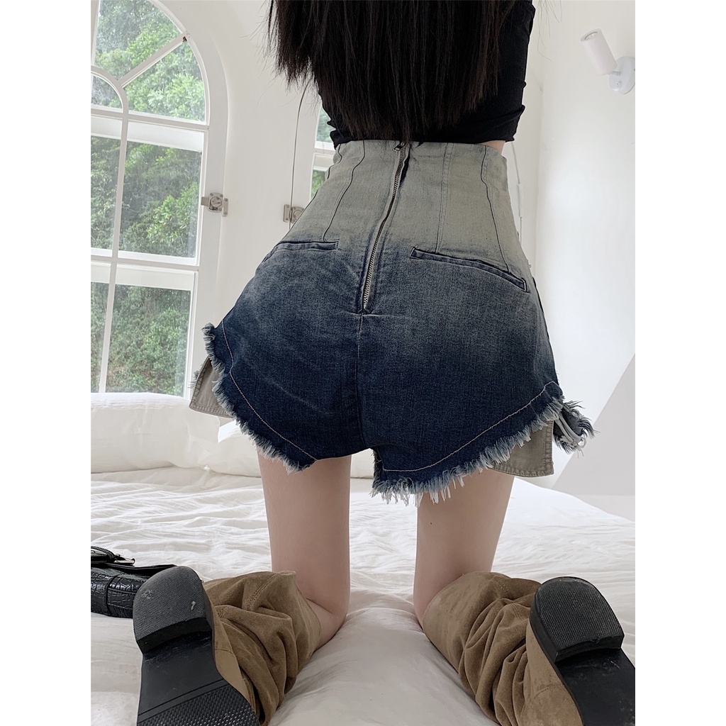 Jiashucheng Quần Short Denim Màu Gradient Phối Khóa Kéo Nhỏ Co Giãn Ống Rộng Thời Trang Mùa Hè Cho Nữ