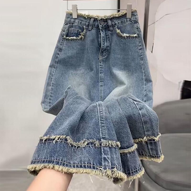 Jiashucheng Chân Váy Denim Xẻ Tà Dáng Chữ a Lưng Cao Dài Qua Gối Phong Cách Retro Mùa Thu Mới Cho Nữ