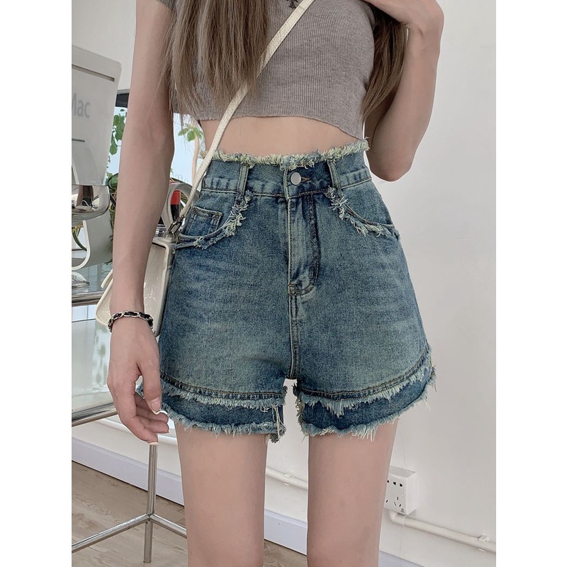 Jiashucheng Quần Short Denim Lưng Cao Dáng Ôm Viền Thô Nhiều Lớp Phong Cách Mới Cho Nữ