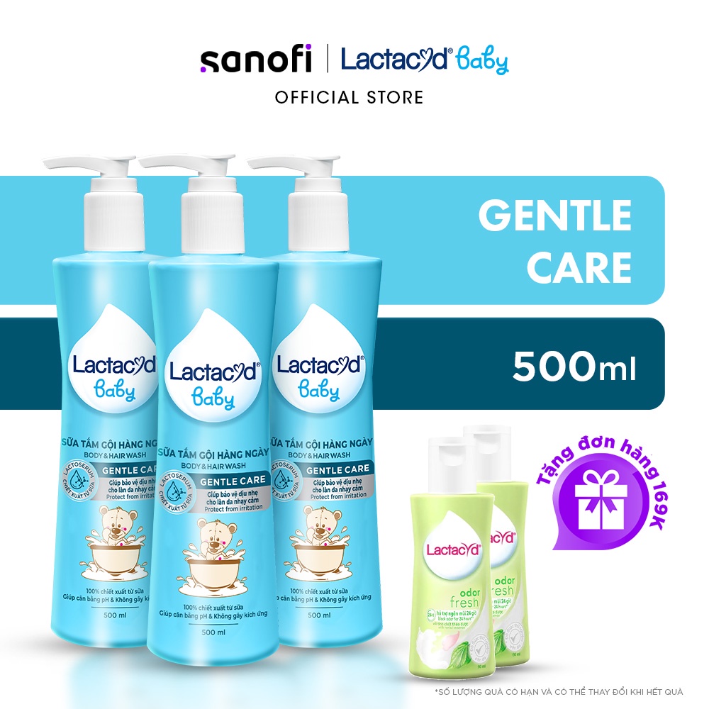 Bộ 3 chai Sữa Tắm Gội Trẻ Em Lactacyd Baby Gentle Care Bảo Vệ Dịu Nhẹ Cho Làn Da Nhạy Cảm 500ml/chai