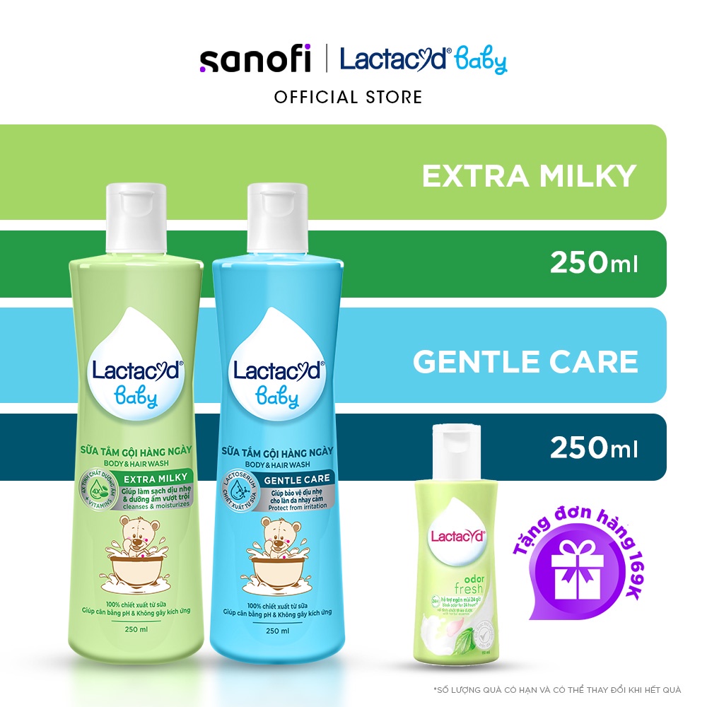 Bộ 1 chai Sữa Tắm Gội Trẻ em Lactacyd Baby Extra Milky 250ml + 1 Lactacyd Baby Gentle Care 250ml