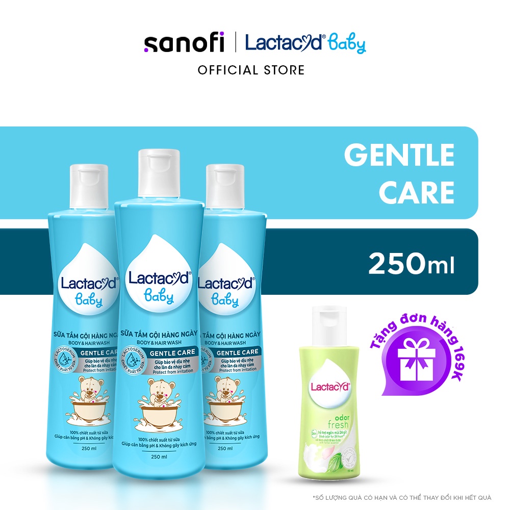 Bộ 3 chai Sữa Tắm Gội Trẻ Em Lactacyd Baby Gentle Care Bảo Vệ Dịu Nhẹ Cho Làn Da Nhạy Cảm 250ml/chai