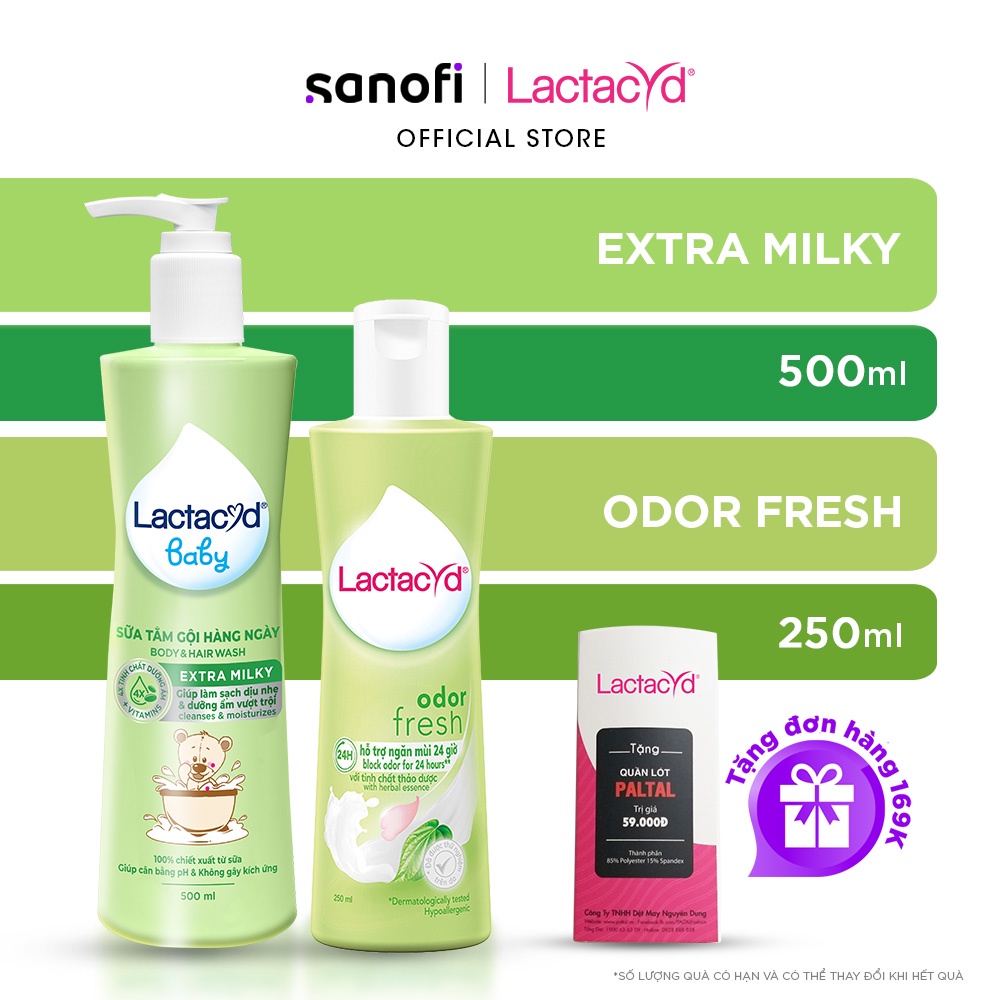 Bộ Dung Dịch Vệ Sinh Phụ Nữ Lactacyd Odor Fresh Ngăn Mùi 24H 250ml + Sữa Tắm Gội Trẻ em Lactacyd Baby Extra Milky 500ml
