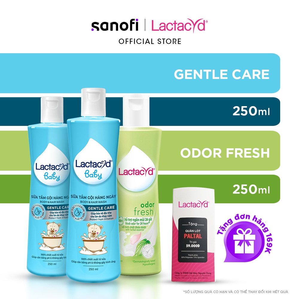 Bộ 2 chai Sữa Tắm Gội Trẻ Em Lactacyd Baby Gentle Care 250ml + 1 Dung Dịch Vệ Sinh Lactacyd Odor Fresh 250ml