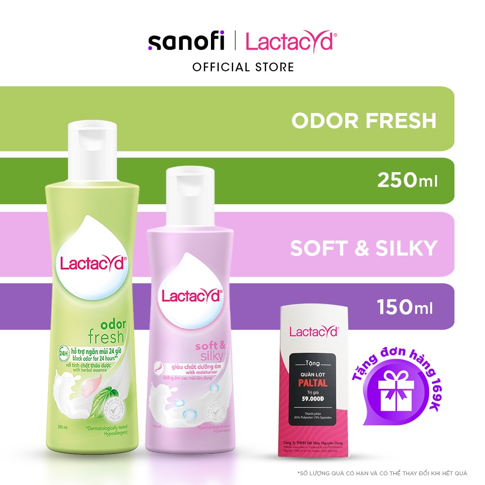 Bộ Dung Dịch Vệ Sinh Phụ Nữ Lactacyd Odor Fresh Ngăn Mùi 24H 250ml + Soft & Silky Dưỡng Ẩm 150ml