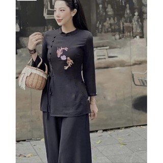 Đồ lam đi chùa nữ thêu song ngư-Bộ đi lễ chùa nữ mẫu mới lụa ngọc trai mịn mát đủ size