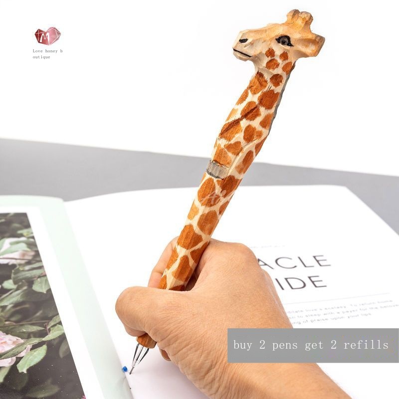 Bút Mực Gel Bằng Gỗ Khắc Hình Động Vật Hoạt Hình Dễ Thương