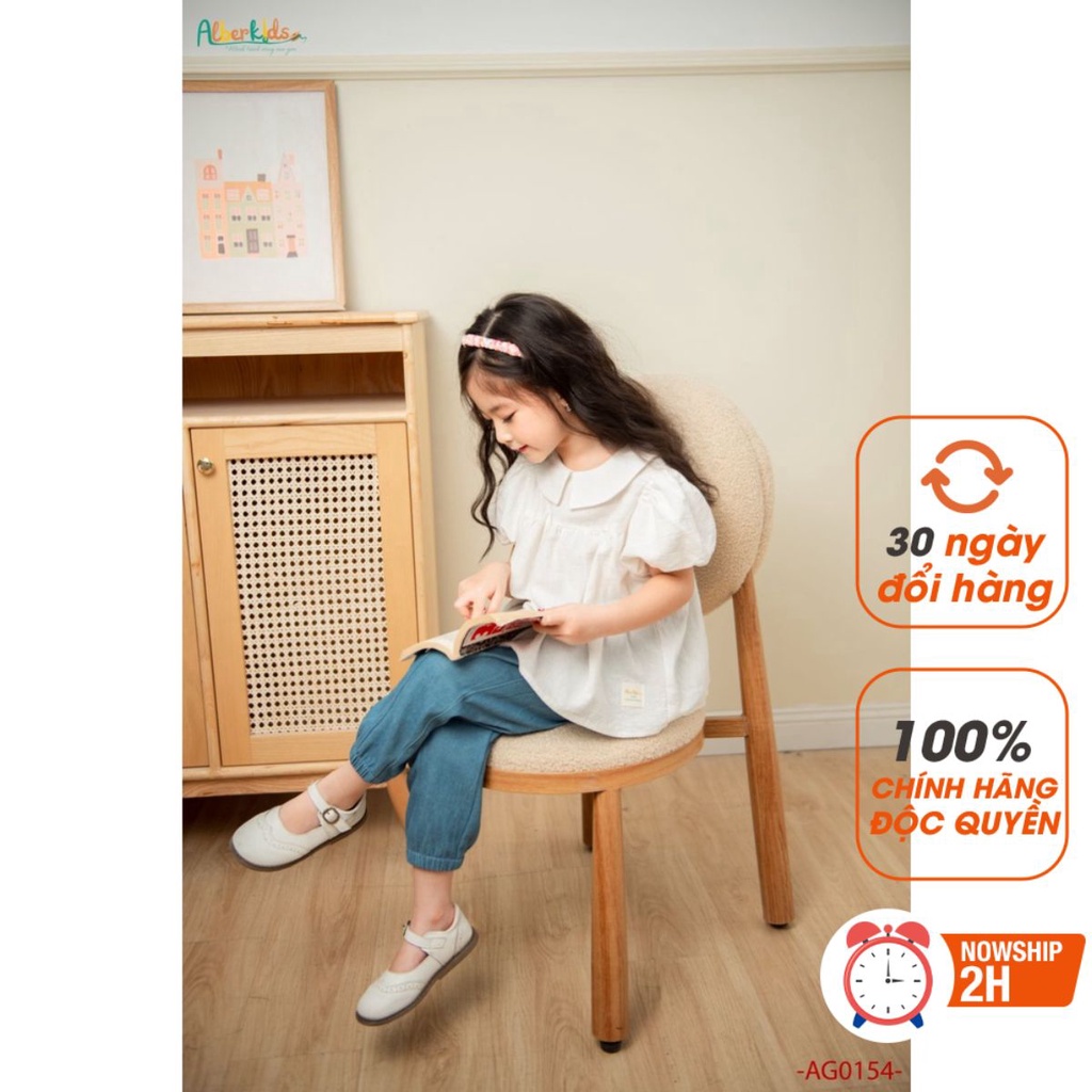 Áo sơ mi cho bé gái ALBER KIDS trắng cổ cánh sen công chúa xinh đẹp cho trẻ em 2,3,4,5,6,7,8,9,10,11,12 tuổi AG0154