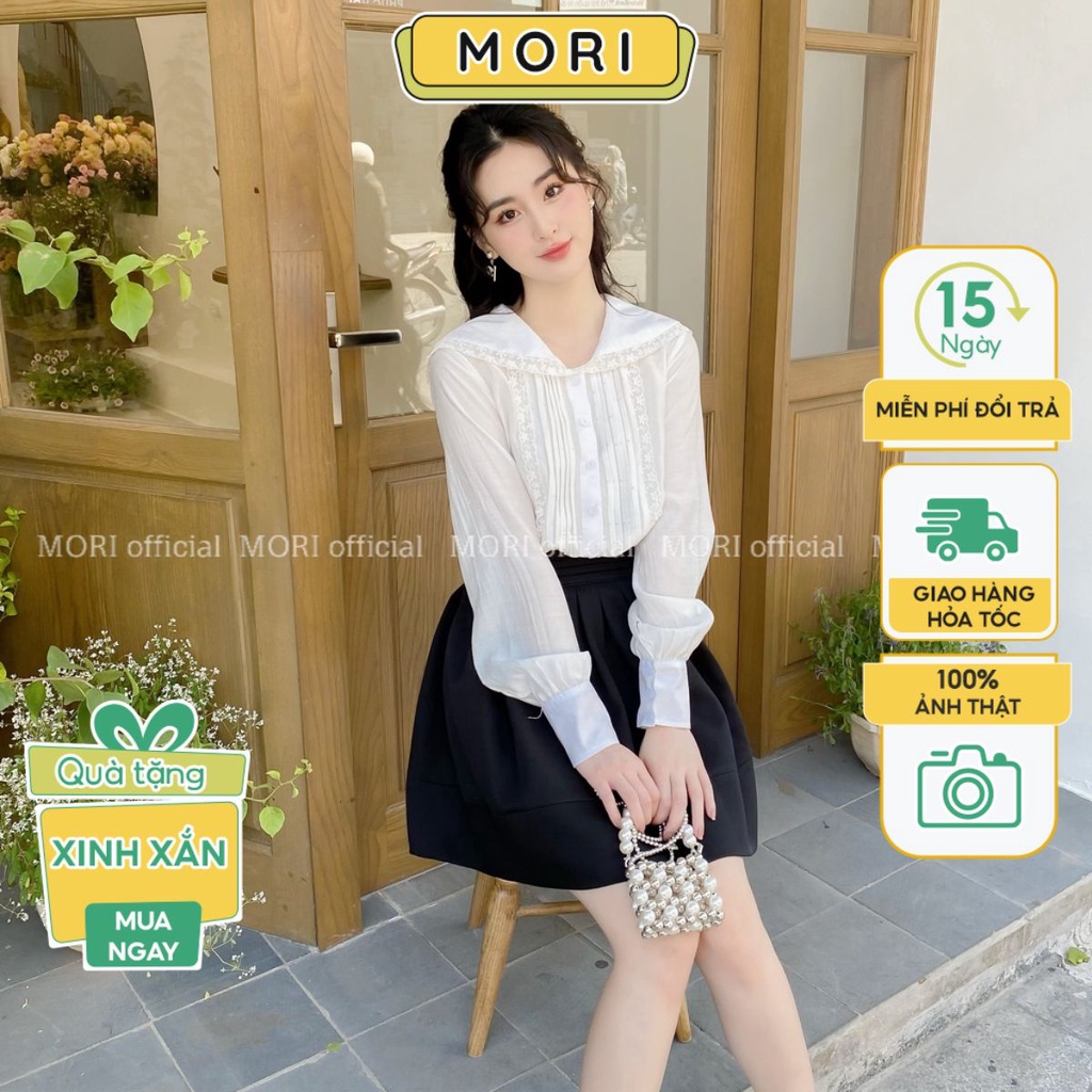 Áo sơ mi nữ công sở cách điệu cổ sen áo sơ mi nữ xếp ly ngực tay dài phối ren thời trang nữ thiết kế MORI CLOTHING A809