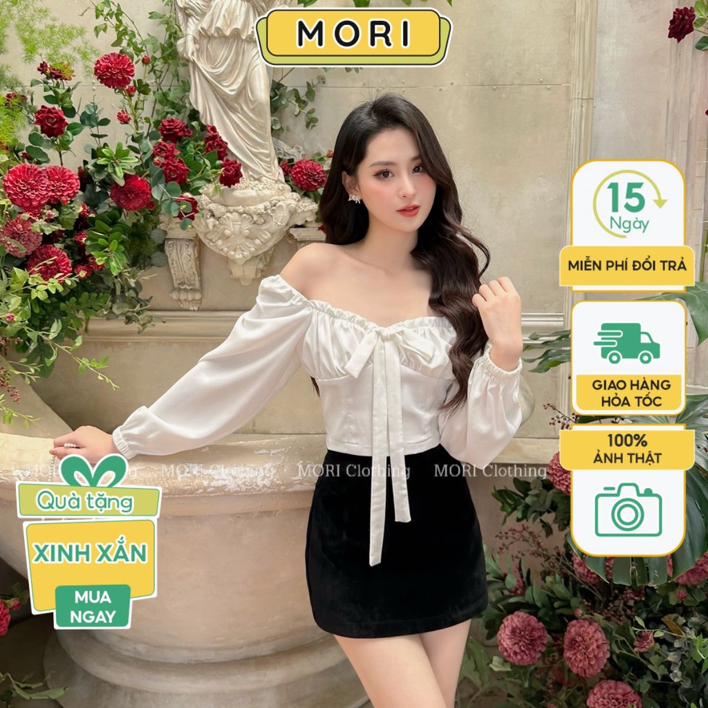 Áo kiểu dài tay nữ, áo crotop tay bồng thiết kế tiểu thư nơ trước ngực đi chơi thời trang MORI CLOTHING A890