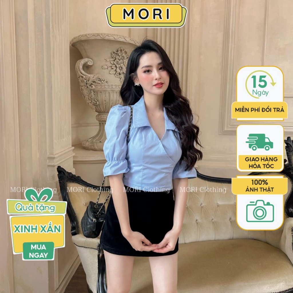 Áo sơ mi nữ công sở cách điệu chiết eo cộc tay phồng chất vải thô dày cao cấp thời trang nữ thiết kế MORI CLOTHING A877