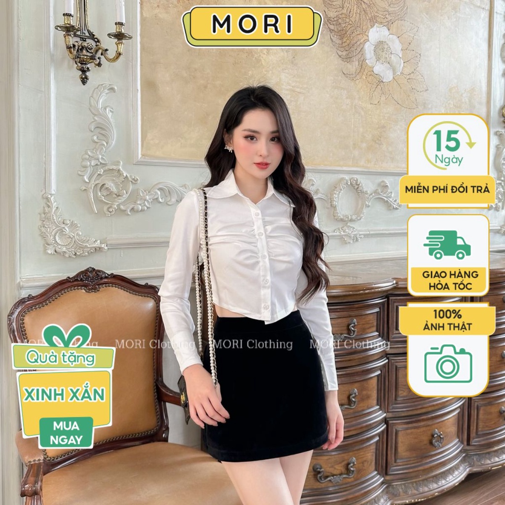 Áo sơ mi nữ công sở trắng xanh thiết kế chất vải thô dày cao cấp đi chơi, đi làm hot trend thời trang MORI CLOTHING A907