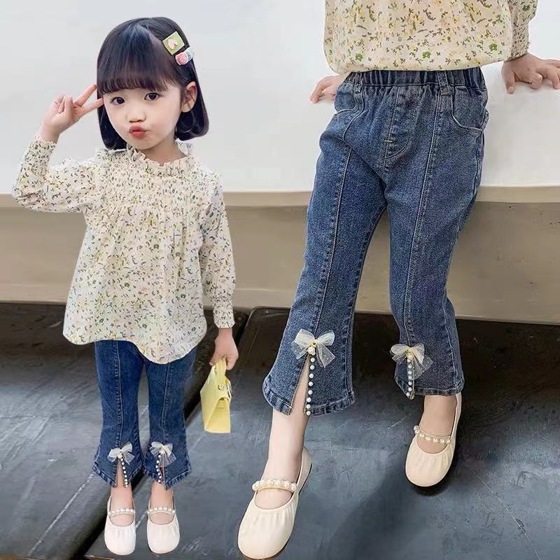 Quần denim Ống Loe Xẻ Tà Phong Cách Công Chúa Cho Bé Gái