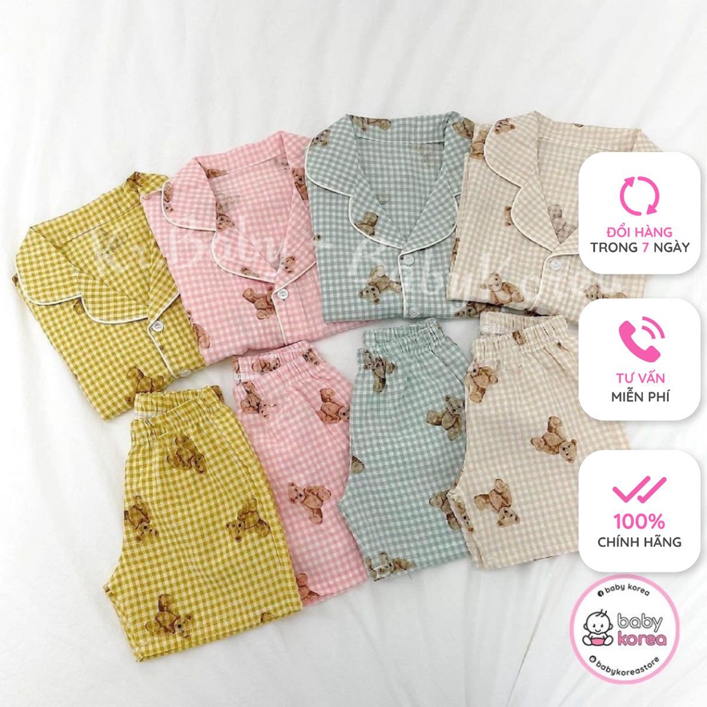 Set pijama đồ ngủ cộc kẻ xốp nhăn hoạ tiết gấu UNIBLING mềm mát made in Korea cho bé từ 8-30kg BABYKOREA