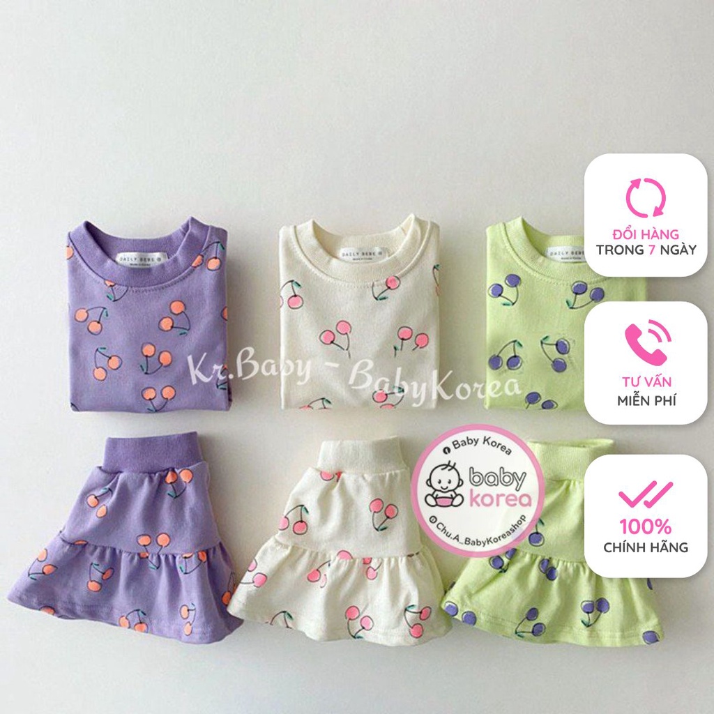 Bộ áo cộc tay kèm chân váy Cherry nỉ da cá mỏng co giãn DAILYBEBE bé gái made in Korea từ 8 - 22kg thời trang trẻ em