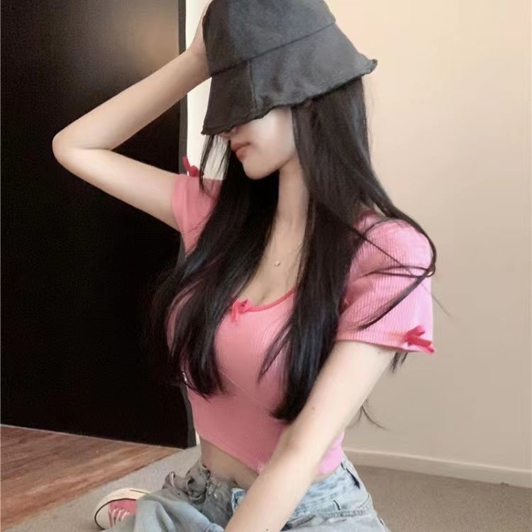 Jiashucheng Áo Thun Croptop Tay Ngắn Hở Rốn Màu Trơn Đính Nơ Eo Cao Thời Trang Mùa Hè Ngọt Ngào Cho Nữ