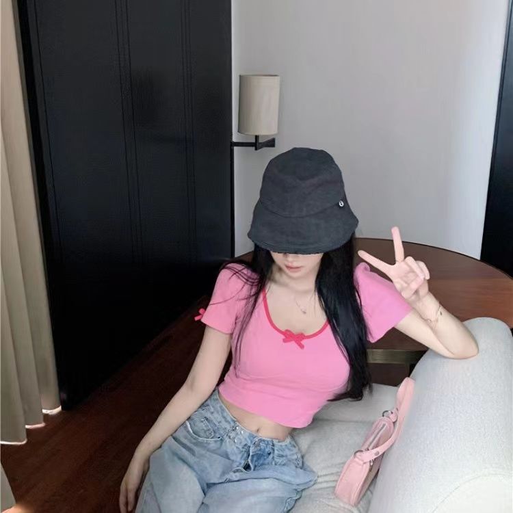 Jiashucheng Áo Thun Croptop Tay Ngắn Hở Rốn Màu Trơn Đính Nơ Eo Cao Thời Trang Mùa Hè Ngọt Ngào Cho Nữ