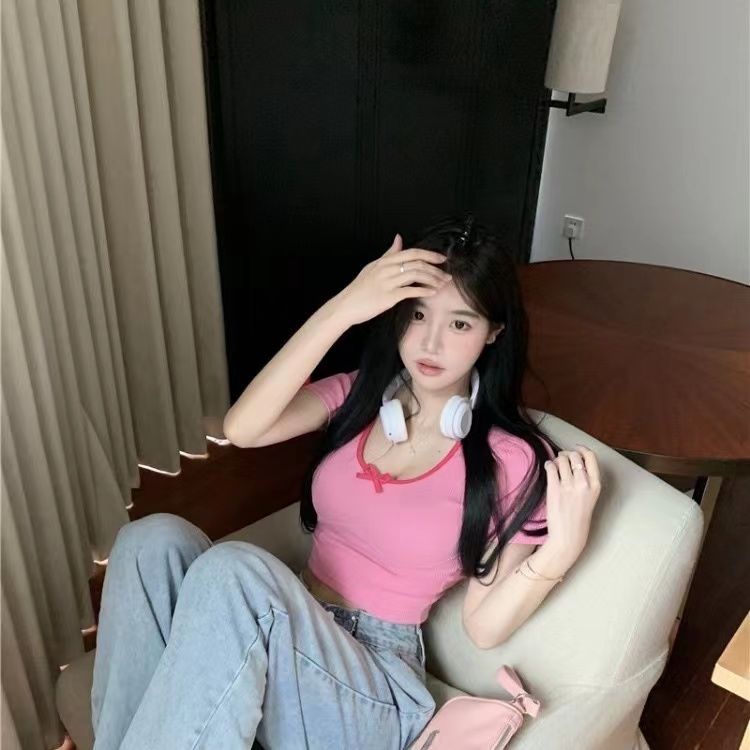 Jiashucheng Áo Thun Croptop Tay Ngắn Hở Rốn Màu Trơn Đính Nơ Eo Cao Thời Trang Mùa Hè Ngọt Ngào Cho Nữ