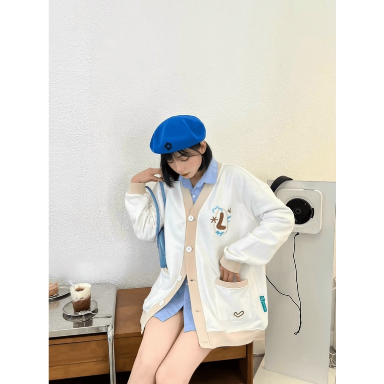 Áo Khoác Cadigan Nữ Vải Nỉ Dày Mịn Phối Viền Túi Vuông In Chữ Kiểu Dáng Trẻ Trung NEW UNISEX