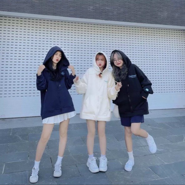 Áo Khoác Nỉ Nữ Khóa Kéo Có Nón Lớn Phối Dây Rút In Chữ Màu Form Rộng Kiểu Dáng Hàn Quốc NEW UNISEX