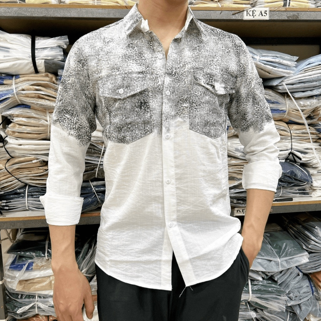 Áo Sơ Mi Nam Tay Dài Vải Đũi Có Túi Ngực , In Loang Màu Form Chuẩn Đẹp NEW UNISEX