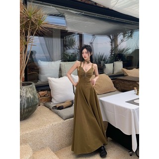 Niche Đầm Dài Eo Cao Hở Rốn Màu Trơn Phong Cách Retro Ngọt Ngào Cho Nữ