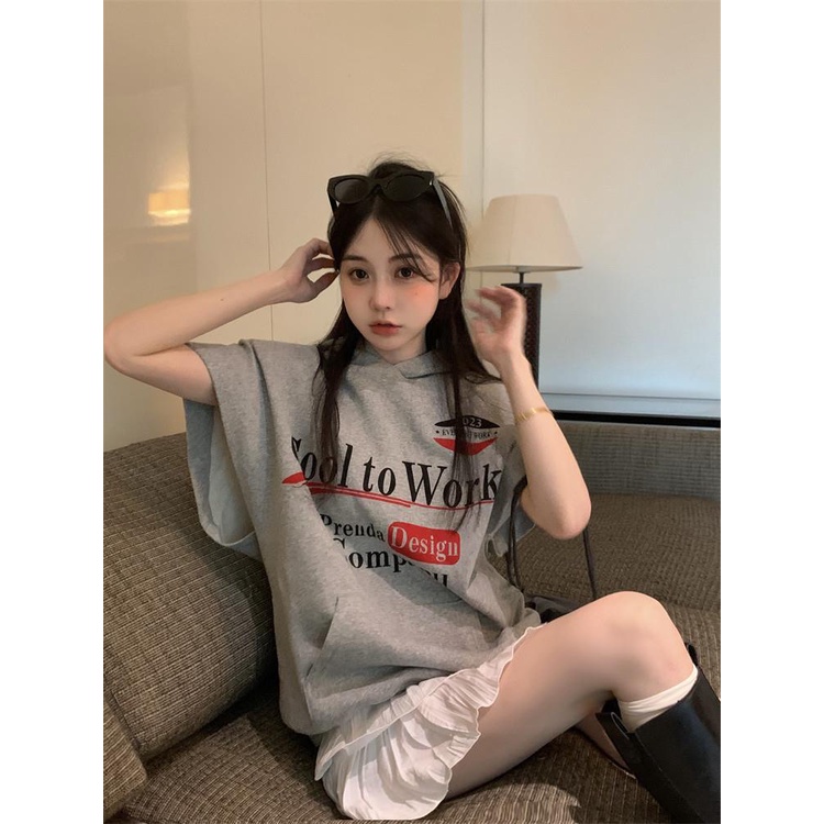 Áo Thun Nữ Ngắn Tay Có Nón In Chữ Phong Cách Retro Mỹ