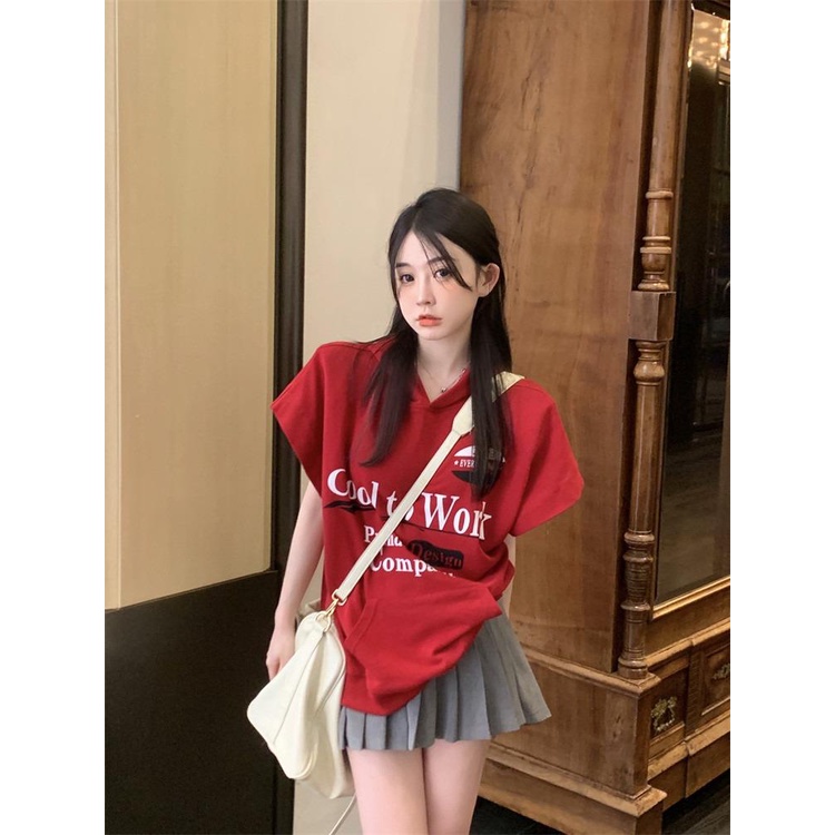 Áo Thun Nữ Ngắn Tay Có Nón In Chữ Phong Cách Retro Mỹ