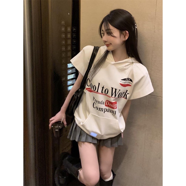 Áo Thun Nữ Ngắn Tay Có Nón In Chữ Phong Cách Retro Mỹ