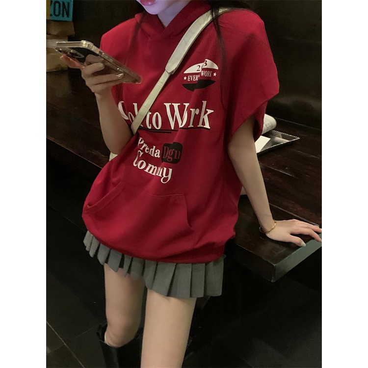 Áo Thun Nữ Ngắn Tay Có Nón In Chữ Phong Cách Retro Mỹ