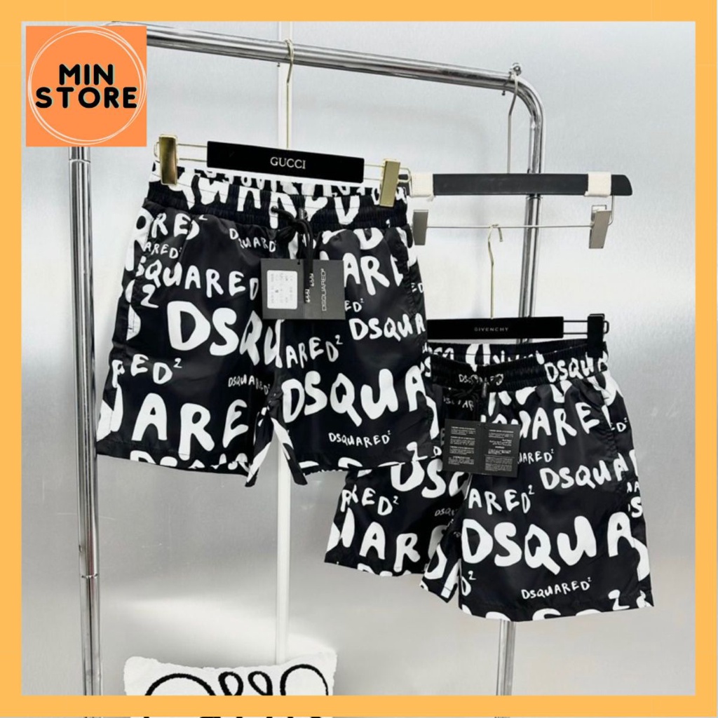 Quần Short Nam DSQ2 Vải Gió Hoạ Tiết Vân Chữ Monogram Đen Trắng Cạp Chun . Quần Đùi Đi Chơi Đi Biển Cực Phố 2023