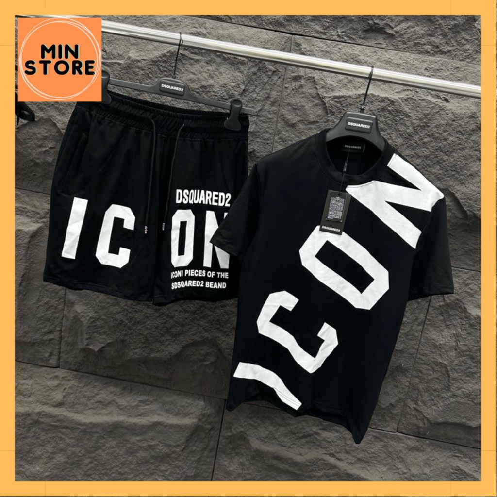 Bộ Đồ Nam Cộc Tay Mặc Hè Dsq2 In Chữ ICON Chéo Áo Ngang Quần Đen Trắng Vải Cotton Phong Cách Boy Phố Hot 2023