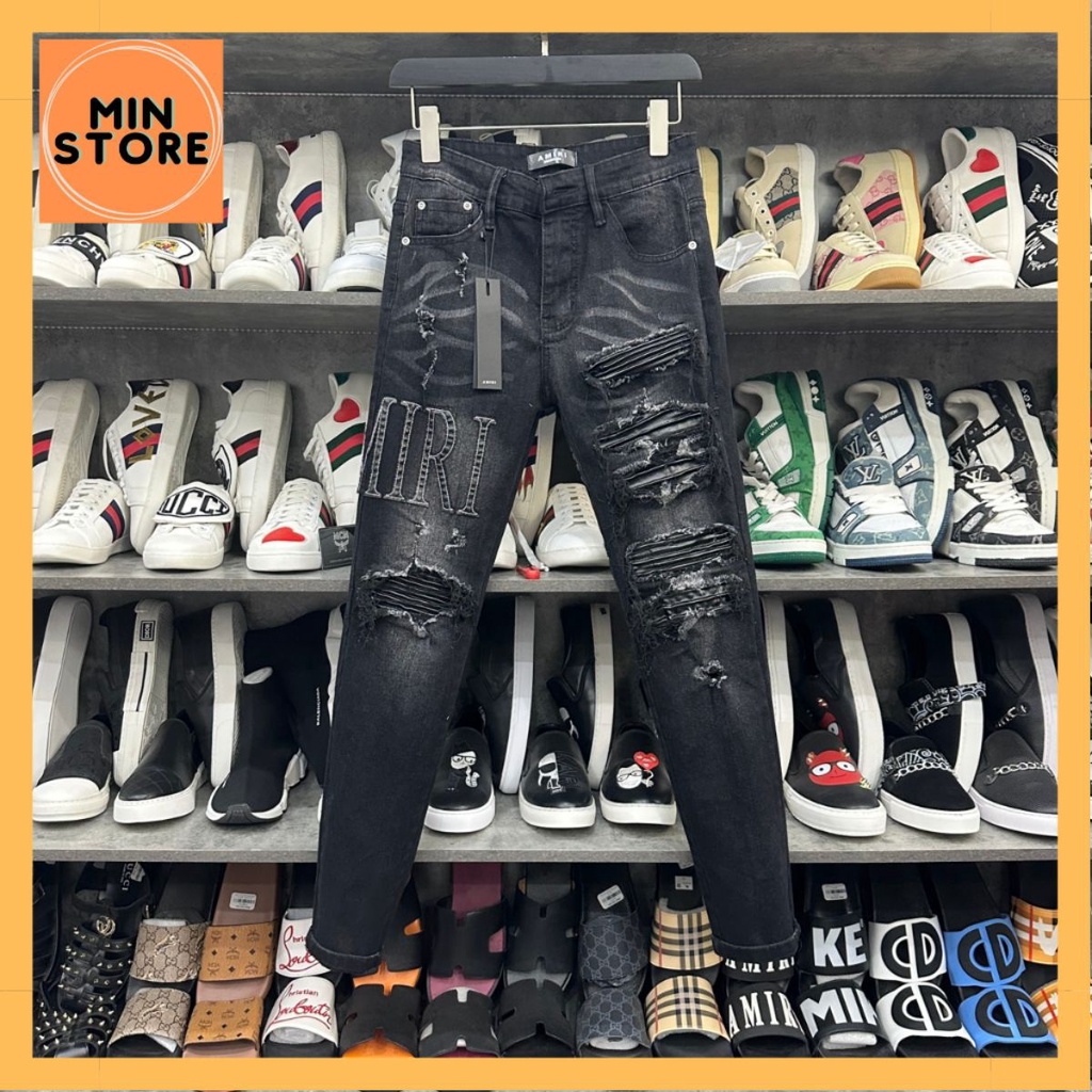 Quần Jean Bò nam Amiri Slimfit Thêu Chữ Da Đùi Phối Rách Vá Da Nhăn Đen Dọc Đùi Phong Cách Đường Phố Hotrend 2023 BN65