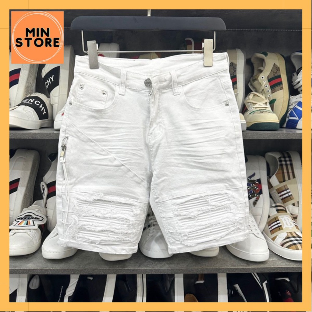 Quần Short Bò Nam Trắng Phối Rách Xước Vá Nhăn 6 Miếng Mix Khoá Zip Dây Viền Đùi Dập Nhăn Hottrend 2023 BB85